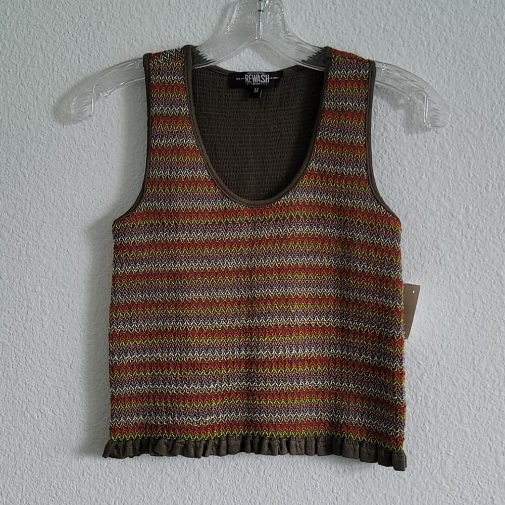 REWASH Tank Top Boho Cropped Smocked Textured Size Medium Olive Multicolor